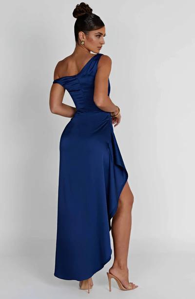 Asymmetric Straps Luxury Bias Cut Satin Long Front Slit Ruffle Detailing Formal Prom Dress